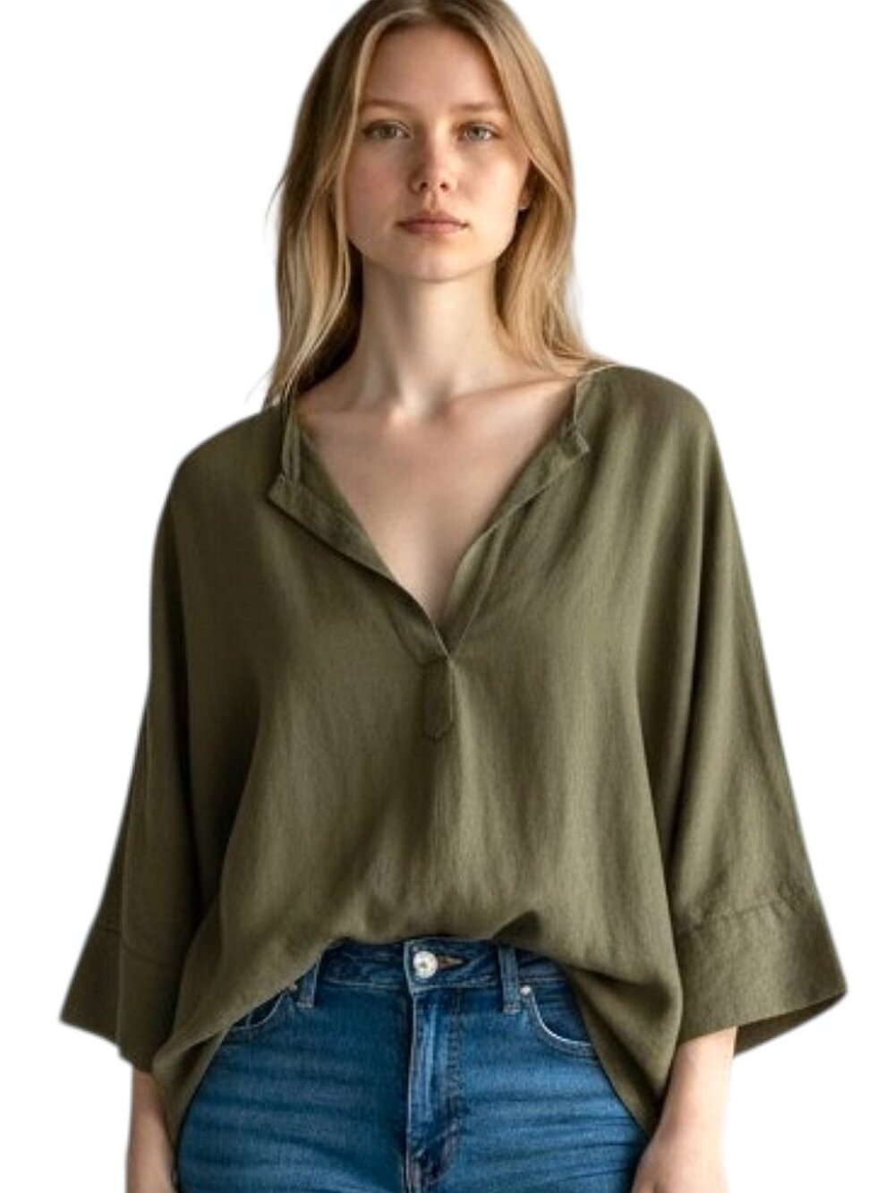 ba&sh Lexy Linen V-Neck Blouse Olive Green 3/4 Dolman Sleeve Relaxed/Summery - M